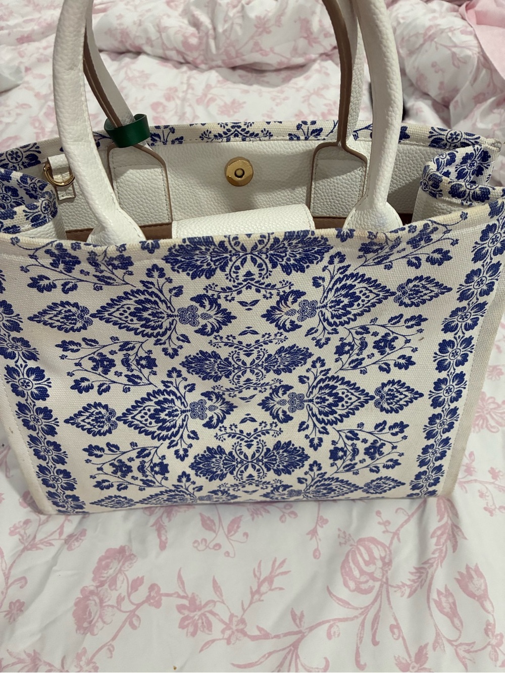 Nanette Lepore White Canvas Tote with Blue Floral Print and Orange Charm - Picture 2 of 4